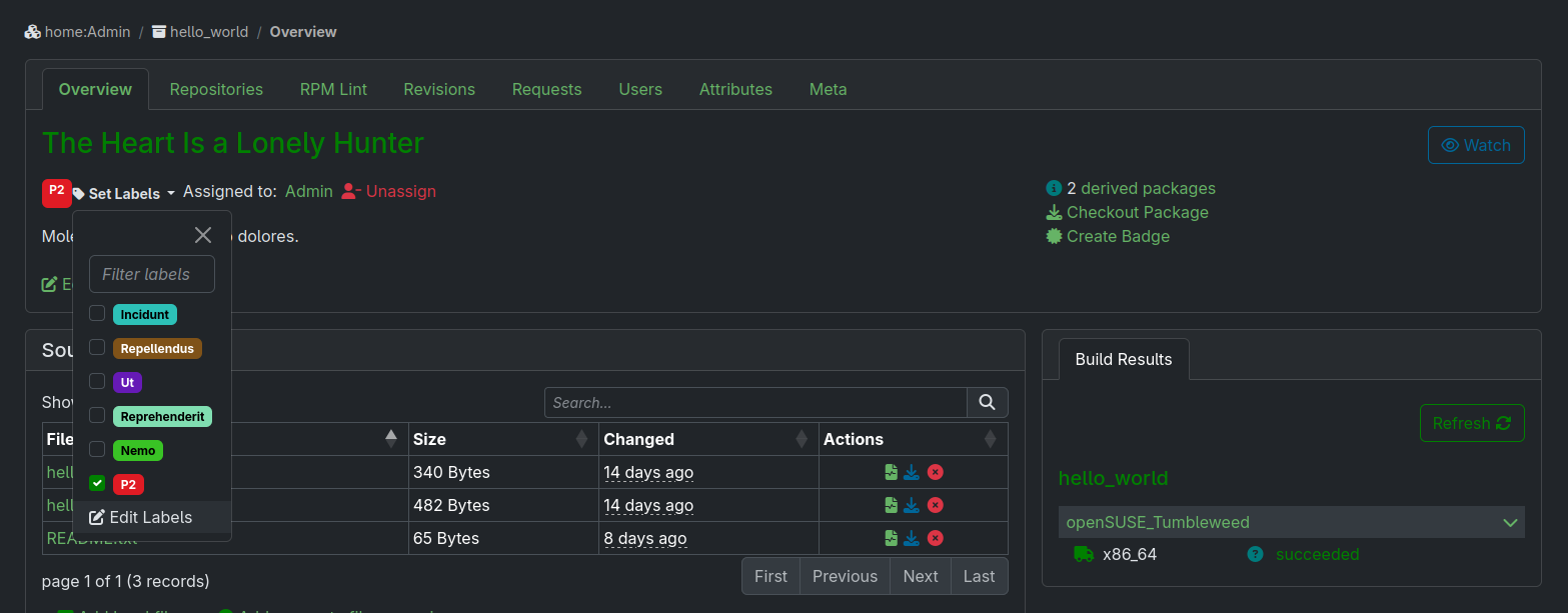 The package detail and the label assignment controls The package detail and the label assignment controls