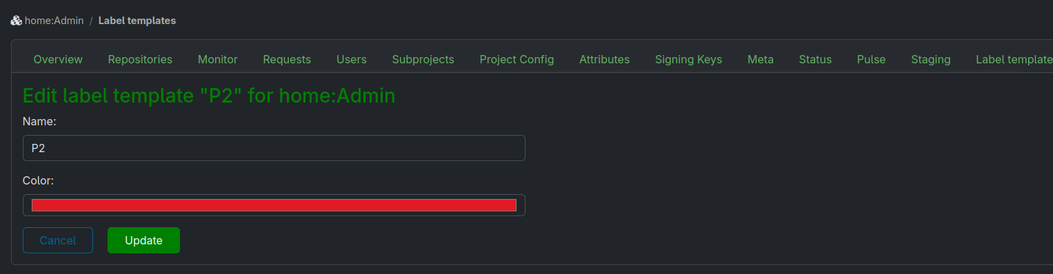 The label templates edit page The label templates edit page