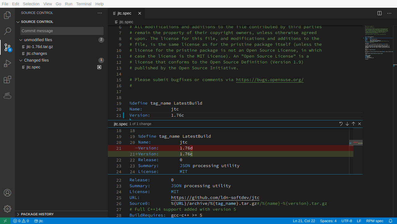 Changes to locally checked out packages are highlighted by Visual Studio Code