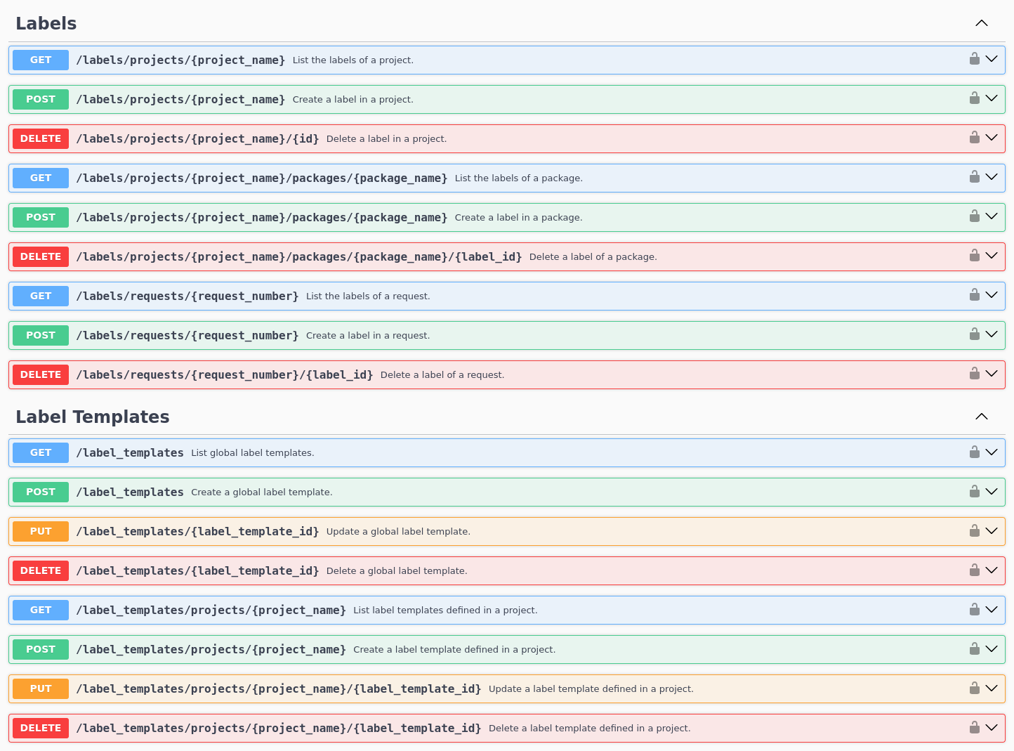 Screenshot of the label API documentation
