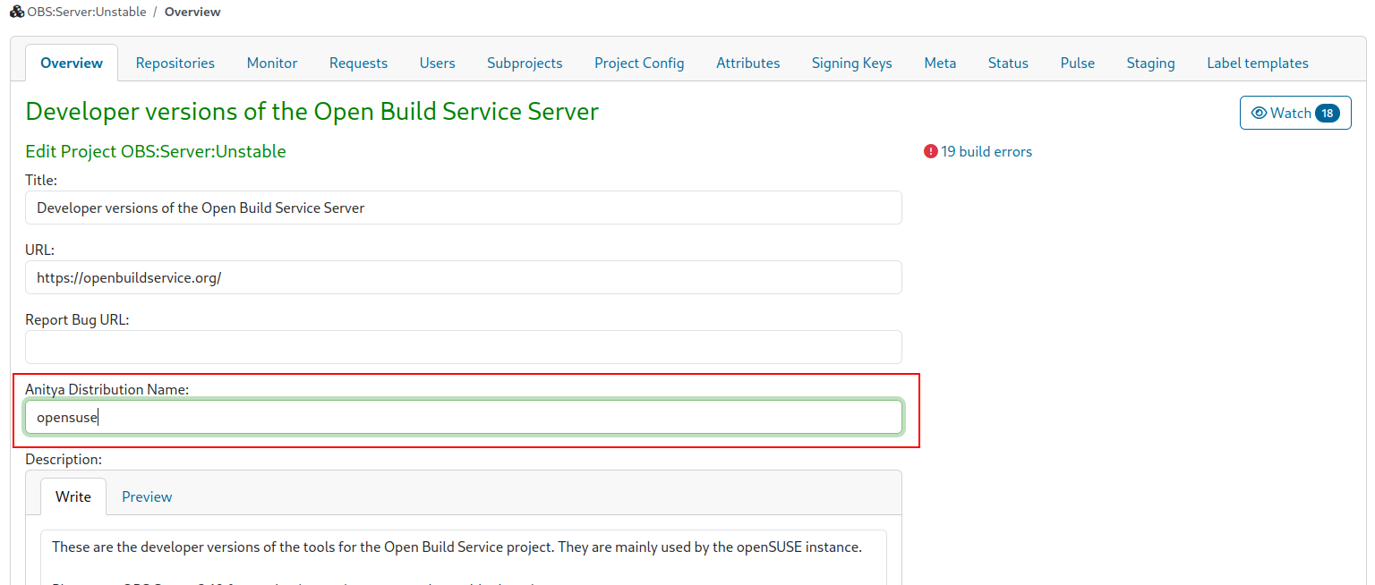Screenshot of project details with the Anitya distribution form field